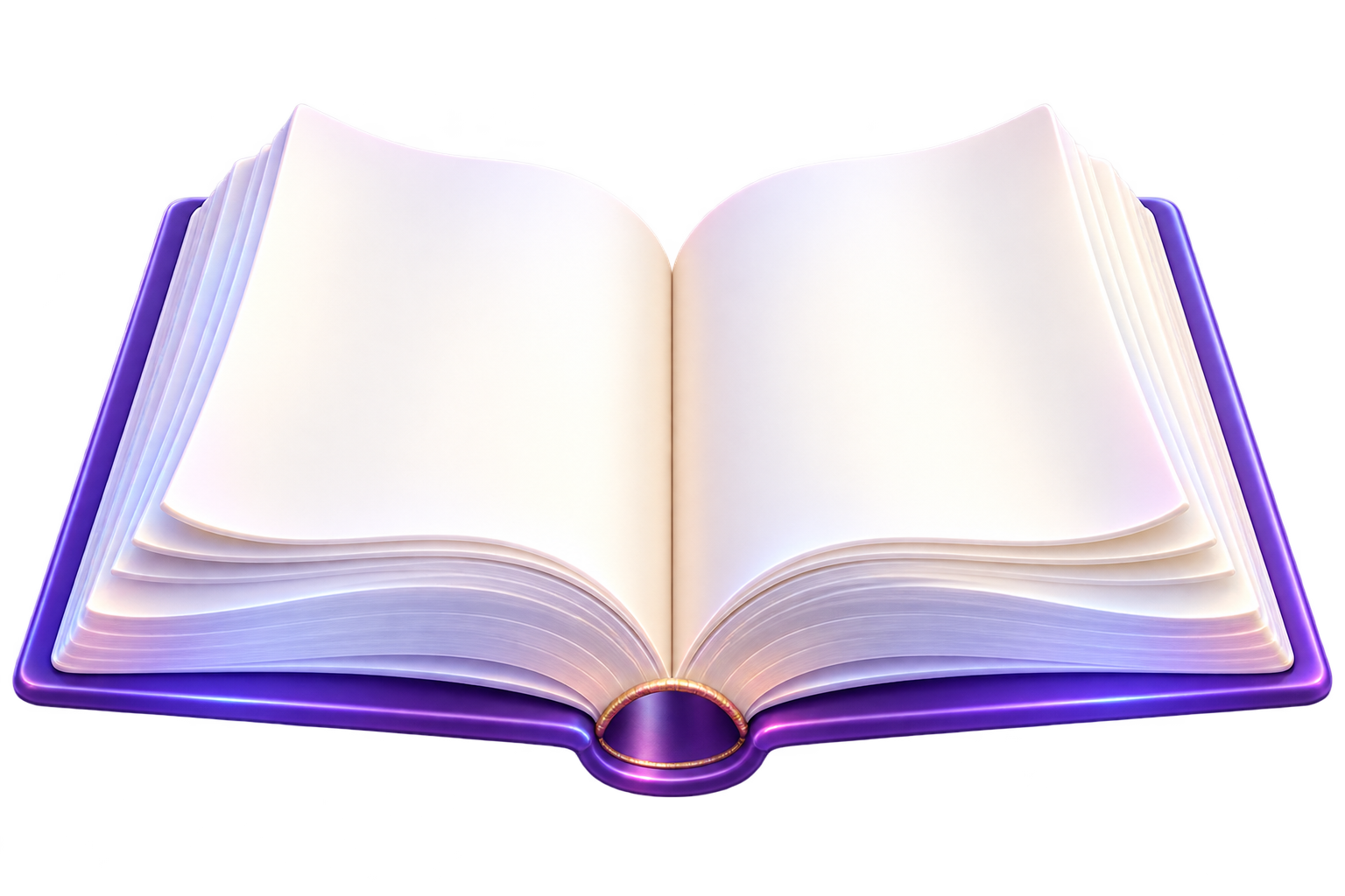 Livro aberto com páginas brancas e capa violeta