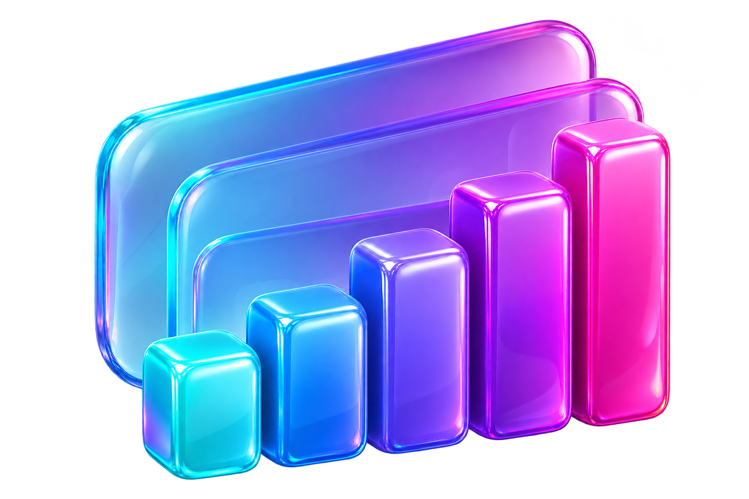 Painel com gráfico de barras em ciano, violeta e magenta